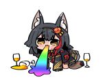  1girl alcohol all_fours animal_ears black_hair black_skirt chibi chibi_only commentary flower full_body highres hololive hosoi_kouzou long_hair ookami_mio red_flower red_hair red_rose rose simple_background skirt solo tail untranslatable_commentary virtual_youtuber vomiting vomiting_rainbows white_background wolf_ears wolf_girl wolf_tail yellow_eyes 