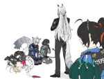  2boys 4girls animal_ears black_hair black_pants blonde_hair cat_boy cat_ears cat_tail cissia_(zenless_zone_zero) commentary_request crack cracked_floor green_hair grey_hair hairband highres in_trouble_template_(meme) jane_doe_(zenless_zone_zero) long_hair meme metal_hairband minarai48 mouse_ears mouse_girl mouse_tail multicolored_hair multiple_boys multiple_girls pants police police_uniform policeman policewoman qingyi_(zenless_zone_zero) red_streaks scolding seiza seth_lowell severian_lowell sharp_tail sitting snake_girl snake_tail streaked_hair tail through_ground white_background zenless_zone_zero zhu_yuan 
