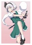  1girl :/ black_bow black_bowtie black_hairband black_shoes border bow bowtie closed_mouth collared_shirt commentary_request frilled_skirt frills gradient_background green_eyes green_skirt green_vest grey_hair hairband highres hitodama holding holding_sword holding_weapon katana kiyo_(kiyo_mariari) konpaku_youmu konpaku_youmu_(ghost) outside_border pink_background puffy_short_sleeves puffy_sleeves sheath shirt shoes short_sleeves skirt skirt_set socks solo sword sword_on_back touhou unsheathing vest weapon weapon_on_back white_border white_shirt white_socks youmu_day 
