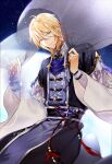 1boy ahoge alkaid_mcgrath alkaid_mcgrath_(long_night_together) black_hanfu black_robe black_sash blonde_hair chinese_clothes closed_mouth constellation cowboy_shot frilled_sleeves frills full_moon green_eyes hair_between_eyes hanfu highres holding_veil layered_sleeves light_particles long_sleeves looking_at_viewer lovebrush_chronicles magic male_focus medium_hair mibu_(1064493753) moon night official_alternate_costume pankou purple_hanfu purple_robe purple_veil robe sash see-through_clothes see-through_veil short_over_long_sleeves short_sleeves sky smile solo standing star_(sky) star_ornament starry_sky tassel two-tone_robe veil waist_sash white_sleeves wide_sleeves 