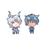  2boys ^_^ angert_(infinity_nikki) aqua_horns aqua_scales aqua_skin black_boots black_eyes black_gloves black_hair black_pants blue_pants blue_tunic blush_stickers boots brown_shirt chibi chinese_commentary chiyunjianbutuzhuzitou circlet closed_eyes closed_mouth coat collared_shirt colored_skin commentary_request corset crossed_arms dark-skinned_male dark_skin dragon_boy dragon_horns expressionless gloves grey_hair grey_shirt hair_between_eyes hand_on_own_hip happy hood hood_down hooded_shirt horns infinity_nikki male_focus medium_hair meghill_(infinity_nikki) multicolored_skin multiple_boys nikki_(series) pants parksolian_(infinity_nikki) parted_bangs pointy_ears shirt simple_background single_hair_intake sleeveless sleeveless_coat smile solid_eyes tunic two-tone_skin white_background white_coat 