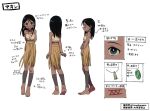  1girl :d arms_behind_back bandeau bare_arms bare_shoulders barefoot black_eyes black_hair bodypaint brown_bandeau brown_skirt character_name closed_mouth collarbone commentary_request dark-skinned_female dark_skin earrings facial_tattoo flat_chest forehead_tattoo fringe_trim from_behind from_side full_body hand_on_own_arm heel_up highres jewelry kameno_kou long_hair looking_at_viewer maon_(kameno_kou) midriff multiple_views necklace open_mouth original profile reference_sheet simple_background skirt smile standing tattoo translation_request tribal twitter_username white_background wristband 