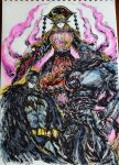  1girl 2boys absurdres animal_print bat_mask bat_print batman batman_(series) black_cape black_dress blonde_hair bruce_wayne cape commentary_request crossover dalachi_(headdress) dated_commentary dc_comics dress east-west_crossover energy fujikido_kenji highres junko_(touhou) long_hair mask mouth_mask multiple_boys ninja ninja_slayer red_tabard scarf simple_background tabard touhou traditional_media user_ghut5478 