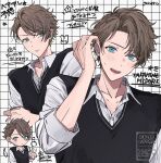  1boy artist_name black_sweater_vest blue_eyes blush brown_hair character_name collared_shirt commentary_request curtained_hair ensemble_stars! grid_background hand_up highres layered_clothes long_sleeves looking_at_viewer male_focus nervous_sweating open_collar open_mouth shindarokai shirt short_hair star_(symbol) sweat sweater_vest takamine_midori teeth translation_request v v-neck watermark wing_collar 