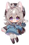  1girl :o absurdres adelheid_(chaos_zero_nightmare) ahoge animal_ear_fluff animal_ears animal_hands blue_bow blue_dress blue_eyes blush boots bow brown_boots brown_hat cat_ears cat_girl cat_tail chaos_zero_nightmare chibi chibi_only commentary_request double-parted_bangs dress full_body grey_hair grey_pantyhose hair_between_eyes hair_intakes hat highres long_hair long_sleeves meda_cha multicolored_eyes open_mouth pantyhose plaid_bow plaid_clothes plaid_dress purple_eyes signature simple_background solo standing tail tail_bow tail_ornament two-tone_eyes white_background 