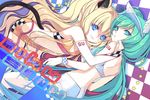  animal_ears aqua_eyes aqua_hair bad_id bad_pixiv_id blonde_hair blue_eyes cat_ears cat_tail elbow_gloves enk fingerless_gloves gloves hatsune_miku kemonomimi_mode long_hair multiple_girls race_queen seeu smile tail vocaloid 