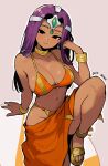  1girl absurdres bare_shoulders bikini black_eyes bracelet breasts circlet cleavage dark-skinned_female dark_skin dragon_quest dragon_quest_iv dragon_quest_rivals gold_bracelet highres jewelry large_breasts long_hair lunchiblz midriff minea_(dq4) navel neck_ring official_alternate_costume orange_bikini orange_sarong purple_hair sandals sarong silver_circlet simple_background smile solo swimsuit 