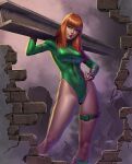  1girl armpits artist_name breasts brick_wall caitlin_fairchild closed_mouth commentary contrapposto covered_navel douglas_bicalho english_commentary freckles gen13 green_eyes hand_on_own_hip highleg highleg_leotard highres large_breasts leotard light_smile long_hair looking_at_viewer orange_hair paid_reward_available skin_tight sleeved_leotard solo superhero_costume thigh_strap toned toned_female 