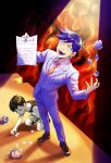  2boys absurdres antenna_hair black_eyes black_hair black_socks black_tank_top blue_pants blue_suit bossman_hero clam collared_shirt colored_skin commentary_request contract english_commentary english_text evil_smile fangs fire hero_(headspace)_(omori) hero_(omori) highres holding holding_paper kneehighs long_sleeves looking_at_viewer male_focus mixed-language_commentary multiple_boys necktie omori omori_(omori) open_mouth pants paper pinstripe_pants pinstripe_pattern pinstripe_suit purple_hair red_necktie ryuichirouart shirt short_hair shorts smile socks striped_clothes striped_shorts suit tank_top teeth tongue vertical-striped_clothes vertical-striped_shorts white_eyes white_shirt white_shorts white_skin 