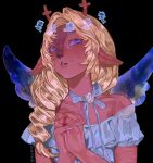  1girl 1other animal_ears antlers artist_name black_background blonde_hair blood blood_on_hand blue_ribbon blue_wings commentary deer_antlers deer_ears deer_girl deltarune english_commentary hair_over_shoulder highres horns jewelry kris_(deltarune) long_hair mini_person noelle_holiday off_shoulder parted_lips procreate_(medium) purple_eyes ribbon ring signature tears thorn_ring_(deltarune) tulippii8 utdr_(toby_fox) weird_route_(deltarune) wings 