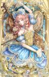  1girl absurdres arched_window argyle_bonnet argyle_clothes argyle_sleeves arm_up arm_warmers armpits artist_request bare_shoulders blue_bonnet blue_bow blue_bowtie blue_dress blue_eyes blue_sleeves bonnet bow bow_(music) bowtie cello character_print chinese_commentary classic_lolita clock collar commentary_request commission cowboy_shot curly_hair curtains dancing detached_collar detached_sleeves dress earrings faewish_sprite frilled_arm_warmers frilled_dress frilled_headwear frilled_sleeves frills gold_earrings gown hair_bow hair_ornament hat hat_ribbon heart heart-shaped_bonnet heart_hair_ornament highres infinity_nikki instrument jewelry light_particles lipstick lolita_fashion long_dress looking_at_viewer makeup mascara musical_note musical_staff nikki_(series) open_mouth orange_hair parted_lips pink_lips print_dress puffy_short_sleeves puffy_sleeves ribbon ringlets sample_watermark second-party_source short_sleeves solo sphere_earrings standing strapless strapless_dress timeless_melody_(infinity_nikki) too_many_watermarks watermark weibo_watermark white_arm_warmers white_collar white_ribbon window 