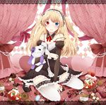  bare_shoulders blonde_hair blue_eyes blush boku_wa_tomodachi_ga_sukunai cake food fruit gothic_lolita hairband hasegawa_kobato heterochromia highres kneeling kominemui lolita_fashion lolita_hairband long_hair off_shoulder open_mouth red_eyes sitting solo strap_slip strawberry stuffed_animal stuffed_bunny stuffed_toy thighhighs two_side_up wariza 