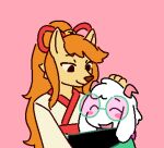 ambiguous_gender anthro arm_warmers armwear asian_clothing black_arm_warmers black_armwear black_clothing blush boss_monster_(undertale) bovid brown_nose canid canine caprine ceroba_ketsukane clothing crossover darkner deltarune duo east_asian_clothing eyebrows eyes_closed eyewear female floppy_ears fox fur glasses goat green_clothing green_eyewear green_glasses hair hand_on_head happy head_tuft headpat horn hug hugging_another japanese_clothing kimono long_hair looking_down looking_down_at_another low_res mammal monster open_mouth orange_hair pink_background pink_horn pink_mouth pink_scarf ralsei red_hair_bow red_trim scarf simple_background size_difference smile snout tinted_glasses trans_(lore) tuft undertale_(series) undertale_yellow vertexxx white_body white_clothing white_ears white_kimono yellow_body yellow_ears yellow_fur