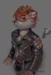 absurd_res adake_feuglace anthro black_clothing black_jacket black_topwear blue_eyes brown_hair bulge cheek_tuft clothed clothing eyewear facial_tuft felid fur glasses grey_background hair hi_res jacket looking_at_viewer male male_anthro mammal mouth_closed narrowed_eyes oselotti rectangular_glasses red_body red_fur short_hair shoulder_pads signature simple_background slim_anthro slim_male solo spiked_shoulder_pads spikes topwear tuft white_body white_fur yellow_sclera