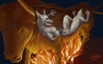 anthro bdsm blood bodily_fluids bovid bovine bronze burning canid canine canis cattle death execution fire fox fur genitals gore hi_res lil_beetle male mammal nude open_mouth penis snuff solo tail teeth