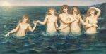 1886 19th_century 5_fingers absurd_res ancient_art animal_humanoid aquatic aquatic_humanoid areola bangs blonde_hair blue_body blue_eyes blue_fin blue_scales breasts brown_hair collarbone dated evelyn_de_morgan eyebrows female fin fingernails fingers fish fish_humanoid formal_art group hair hand_holding hand_on_own_head hi_res hug humanoid humanoid_merfolk interlocked_fingers lips long_hair medium_breasts merfolk mouth_closed nails navel nipples nude nude_female nude_humanoid oil_painting_(artwork) outside painting_(artwork) partially_submerged pink_areola pink_lips pink_nipples pupils rock scales sea shaded signature sky small_areola split_form sun sunrise swimming tail tail_fin traditional_media_(artwork) traditional_painting_(artwork) water