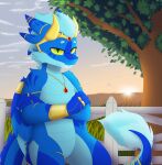 absurd_res armor blue_body blue_tail blue_wings claws cloud crossed_arms detailed_background digital_media_(artwork) dragon dragon_tail dragon_wings eyebrows fangs fence field folded_wings front_view gold_(metal) gold_armor golden_ring grass grass_field green_eyes hair hi_res horn horn_armor jewelry light long_tail looking_at_viewer male mountain mythological_creature mythological_scalie mythology nature outside pendant plant precious_stone raio ring scales scalie short_hair side_view skandikuwu sky smile smirk solo summer sun sunlight sunset tail teeth tree wings