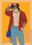 abs american_flag anthro bedroom_eyes blue_bottomwear blue_clothing blue_jeans blue_pants bottomwear brown_body brown_cowboy_hat brown_eyes brown_fur buckteeth claws clothed clothing colored cowboy_hat dated denim denim_bottomwear denim_clothing fur hand_in_pocket hat headgear headwear hi_res jeans jewelry looking_at_viewer male mammal murid murine muscular muscular_male narrowed_eyes navel necklace nipple_piercing nipples open_clothing open_shirt open_topwear orange_background pants piercing pink_body pink_nipples pink_nose pink_skin pockets rat rat_tail red_clothing red_shirt red_topwear rodent seductive shirt simple_background smile solo standing tail tan_body tan_fur teeth text tiptoe_(tiptoe) topwear united_states_of_america url whitecolt_productions