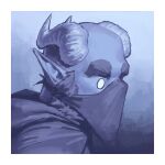 1:1 2025 2_horns ambiguous_gender ambiguous_humanoid blue_background blue_monochrome border bust_portrait cloak clothing curved_horn digital_drawing_(artwork) digital_media_(artwork) empty_eyes eyebrows facial_hair head_horn hi_res horn humanoid humanoid_pointy_ears ior_(kingarthur_i) kingarthur_i looking_aside male_(lore) mask monochrome obscured_face pointy_ears portrait side_view sideburns simple_background solo thick_eyebrows white_border