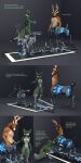 1:2 3d_(artwork) absurd_res anthro balls blender_(artwork) bondage_furniture canid canine comic cybernetics cyborg deer deer_taur dialogue digital_media_(artwork) direfloof duo english_text female fox fucking_machine gale_(direfloof) genitals hi_res machine male mammal mammal_taur penis taur text tigersensei_(modeler) translated vulva