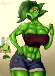 abs absurd_res anthro athletic belt belt_buckle big_breasts blue_clothing blush bottomwear breasts buckle claudywewe clothed clothing easter easter_egg electronic_arts elemental_creature eyebrows eyeshadow female flora_fauna fur green_body green_hair hair half-closed_eyes hand_on_hip hi_res holidays leaf leaf_hair looking_at_another looking_back makeup male meme narrowed_eyes orange_eyeshadow peablaze_(leafpaw) peashooter_(pvz) plant plant_hair plants_vs._zombies popcap_games pseudo_hair raised_arm red_clothing revealing_outfit shorts simple_background skimpy standing toned_belly toned_body toned_female toned_legs topwear tugging wide_hips yellow_eyes