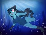 4:3 anthro big_breasts blue_body blue_clothing blue_fur blue_hair blue_swimwear breasts bubble clothing countershade_ears countershade_feet countershade_hands countershade_tail countershading cowlick curvy_figure destiny_(destinydewott) destinydewott dewott eyebrow_through_hair eyebrows eyewear fan_character feet female freckles fur generation_5_pokemon glasses hair hair_over_eye happy hi_res light light_beam mammal mustelid navel_outline nintendo one-piece_swimsuit otter pink_eyes pink_nose pokemon pokemon_(species) pokemorph raccoon_tail_hair scene_haircut seaweed signature solo swimming swimwear tail translucent translucent_hair underwater water whiskers wide_hips