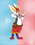 3_toes 4_fingers anthro big_ears biped black_clothing black_eyebrows black_jacket black_topwear bottomwear buckteeth character_name cheek_tuft cinderace clothed clothed_anthro clothed_male clothing colored eyebrow_through_hair eyebrows facial_tuft feet fingers fur fur_tuft generation_8_pokemon great_ball hair handpaw hi_res jacket lagomorph letterman_jacket male male_anthro mammal markings navel nintendo open_clothing open_jacket open_mouth open_topwear pants pawpads paws pecs pokeball pokemon pokemon_(species) pupils rabbit_ears red_bottomwear red_clothing red_eyes red_markings red_mouth red_pants red_toes shaded slightly_chubby slightly_chubby_anthro slightly_chubby_male standing tail tas_(tascinderace) teeth text toes topwear translucent translucent_hair tuft white_body white_clothing white_ears white_fur white_jacket white_pupils white_tail white_topwear white_tuft wooferarts yellow_inner_ear yellow_pawpads