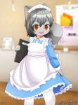 amber_eyes anthro apron bell big_tail blue_apron blue_clothing clothed clothing collar crossdressing cute_fangs dakeneshi domestic_cat fangs felid feline felis femboy fluffy hi_res jingle_bell kemono maid_cafe maid_headdress maid_uniform male mammal menu open_mouth solo tail teeth uniform