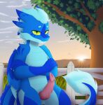 absurd_res bid_penis blue_body blue_tail blue_wings claws cloud crossed_arms detailed_background digital_media_(artwork) dragon dragon_tail dragon_wings eyebrows fangs fence field folded_wings front_view genitals grass grass_field green_eyes hair hi_res knot knotted_penis light long_tail looking_at_viewer male mountain mythological_creature mythological_scalie mythology nature outside penis pink_penis plant raio scales scalie short_hair side_view skandikuwu sky smile smirk solo summer sun sunlight sunset tail teeth tree wings