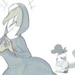 1:1 2021 3_fingers 3_toes 4_fingers anthro archived_source arms_bent barefoot biped blush bodily_fluids bottomwear bulge clothed clothed_anthro clothed_female clothed_male clothing collared_shirt digital_drawing_(artwork) digital_media_(artwork) digitigrade dodudoru dress duo eyes_closed feet female female_anthro fingers fully_clothed fully_clothed_anthro fully_clothed_female fully_clothed_male generation_7_pokemon hands_together headgear headwear hi_res larger_anthro larger_female lizard looking_aside male male_anthro monochrome nervous nervous_sweat nintendo nun nun_habit nun_outfit open_mouth pants pokemon pokemon_(species) religious_clothing reptile salandit salazzle scalie semi-anthro shirt simple_background size_difference smaller_anthro smaller_male snout standing sweat tail toes topwear white_background wide_hips