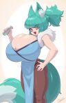 2026 5_fingers absurd_res alyssa_(busmansam) animal_humanoid bangs big_breasts blue_hair breast_expansion breasts canid canid_humanoid canine canine_humanoid cleavage cleavage_overflow clothed clothing cute_fangs dipstick_tail dress expansion fangs female fingers fox_humanoid fur_collar hair hand_on_hip hi_res holding_object holding_potion huge_breasts humanoid inner_ear_fluff legwear mammal mammal_humanoid markings open_mouth open_smile pantyhose pink_eyes ponytail potion potion_bottle sash simple_background skecchiart smile snaggle_tooth solo standing tail tail_markings teeth tied_hair tights tuft