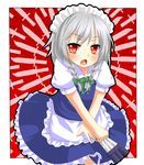  between_fingers braid izayoi_sakuya knife maid maid_headdress red_eyes silver_hair solo too_many too_many_knives touhou yuria_(kittyluv) 