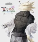 absurd_res acheki antal_(arknights) anthro arknights arknights_endfield black_clothing chibi clothed clothing digital_drawing_(artwork) digital_media_(artwork) gloves group handwear hi_res hypergryph lizard male reptile savra_(arknights) scalie simple_background solo studio_montagne wet wet_clothing yellow_eyes
