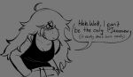anthro blush bottomwear breasts cleavage clothed clothing collarbone deltarune dialogue female freckled_face freckled_shoulders freckles grin lightner monochrome pants reptile scalie sharp_teeth smile solo speech_bubble strawberristorm susie_(deltarune) sweatpants teeth undertale_(series)