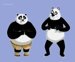 3_toes anthro barefoot bear belly big_belly black_body black_fur black_nose blue_background claws clothed clothing crossover doppleganger dreamworks duo fake_peppino featureless_crotch feet footwear fur giant_panda humor joke kung_fu_panda male male_anthro mammal master_po_ping mature_anthro pancada_(character) pizza_tower sandals shoes signature simple_background size_difference slightly_chubby the_little_panda_fighter toes topless totesfleisch8 white_body white_fur