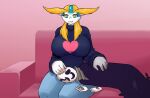 aijou animated_skeleton big_breasts blonde_eyebrows blonde_hair blue_eyes bone breasts clothing colored comforting dragon eyebrows female furniture gaster hair hand_on_head heart_(marking) hi_res huge_breasts humanoid jou looking_down male male/female markings mythological_creature mythological_scalie mythology on_lap scalie skeleton sofa sweater topwear turtleneck undead undertale undertale_(series) unknown_artist white_body yellow_eyes