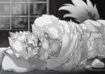 anthro bed canid canine canis fur fur_tuft furniture hug hugging_object hugging_pillow lying lying_on_bed male mammal mihoyo on_bed pillow shadbit solo tuft von_lycaon white_body white_fur window wolf zenless_zone_zero