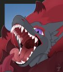 absurd_res ambiguous_gender anthro arkailart black_body black_fur black_lips bodily_fluids claws dripping eyeshadow fur generation_5_pokemon grey_body grey_fur hi_res lips looking_at_viewer makeup mouth_shot nintendo open_mouth pokemon pokemon_(species) purple_eyes red_body red_claws red_eyeshadow red_fur ren_(crowcuta) saliva saliva_drip saliva_on_tongue saliva_string teeth throat tongue tongue_out zoroark