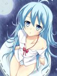  ahoge bad_id bad_pixiv_id blue_eyes blue_hair collarbone denpa_onna_to_seishun_otoko from_above long_hair looking_up no_pants off_shoulder open_mouth panties ribbon school_uniform solo striped striped_panties touwa_erio underwear very_long_hair yappen 