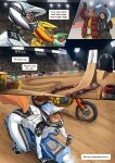 absurd_res anthro black_hair black_nose bottomwear cane canid canine clothed clothed_anthro clothed_female clothing comic dialogue english_text female fox fur grey_hair group hair hi_res jacket male mammal motorcycle_helmet narration night orange_body orange_fur pants race racetrack racing_suit ramp roza_(woadedfox) shirt text text_box topwear woadedfox