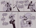 2025 5:4 angel_dust animal_humanoid anthro arachnid arachnid_humanoid arthropod arthropod_humanoid beverage bow_tie chest_tuft choker cleavage_cutout clothing comic crop_top crossed_arms cutout demon dialogue duo english_text felid felid_humanoid feline feline_humanoid greyscale hat hazbin_hotel headgear headwear hellaverse hi_res holding_beverage holding_clothing holding_hat holding_headgear holding_headwear holding_object humanoid husk_(hazbin_hotel) jewelry magic male mammal mammal_humanoid monochrome necklace profanity shaking_another shirt sketch speech_bubble suspenders text top_hat topwear tuft vanillabrwnsugr