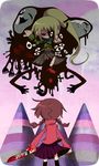  bad_id bad_pixiv_id black_eyes blonde_hair blood bloody_knife braid brown_hair eyes floating from_behind knife madotsuki mogeko_(okegom) multiple_girls pink_shirt pointing poniko ponytail purple_skirt red_eyes rounded_corners shirt skirt smile turtleneck twin_braids uboa yume_nikki 