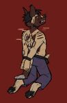 absurd_res african_wild_dog angry anthro bdsm belt blush blush_lines bodily_fluids bondage bottomwear bound brown_body brown_fur canid canine clothed clothing denim denim_bottomwear denim_clothing digital_media_(artwork) dripping embarrassed erection eyewear fur fur_markings genital_fluids genitals glasses hair hands_tied hi_res humanoid_genitalia humanoid_penis jeans john_ricardo kneeling leaking_precum looking_at_viewer looking_back male mammal markings open_belt open_bottomwear open_clothing open_pants openfracturesday pants partially_clothed partially_clothed_anthro partially_clothed_male pawpads paws penis precum precum_drip rear_view scratch_mark scratches shirtless shirtless_male simple_background solo tail topless topless_male wearing_glasses
