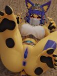2026 3:4 3d_(artwork) 5_toes accessory animal_crossing ankha_(animal_crossing) anthro anus big_breasts black_pawpads blue_anus blue_claws blue_eyeshadow blue_hair blue_vulva blush bob_cut breasts butt chromatic_aberration claws clitoral_hood clitoris clothing digital_media_(artwork) domestic_cat egyptian egyptian_clothing eyelashes eyeshadow feet felid feline felis female foot_focus genitals hair handpads hi_res hieroglyphic_text high-angle_view humanoid_feet inner_ear_fluff looking_at_viewer lying makeup mammal markings nintendo on_back pawpads plantigrade plantigrade_pawpads pupils purple_eyes short_hair slit_pupils soles solo spread_legs spreading stinkicatz striped_markings striped_tail stripes tail tail_markings toes tuft uraeus usekh ventral_groove vulva watermark yellow_body