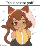 absurd_res anthro brown_body brown_fur brown_hair disembodied_hand domestic_cat duo felid feline felis female fur gameoverse glitch_productions hair hi_res human kit_bodega mammal petting petynia red_eyes shy smile solo_focus