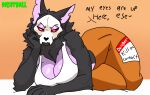 anthro big_breasts bone bottomwear breasts cheek_tuft clothed clothed_anthro clothed_female clothing dialogue english_text facial_tuft female fingers fur grey_body grey_fur hi_res lying meatballthefursuiter red_sclera shirt skull skull_head skulldog_(species) solo text topwear tuft white_eyes yoruba