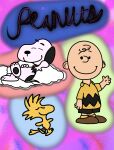 absurd_res anthro avalon_essence avian beagle bird blurred_background blurry_outline canid canine canis charlie_brown cloud domestic_dog hi_res human hunting_dog male mammal peanuts_(comic) relaxed_expression scent_hound signature simple_coloring sleeping_on_cloud snoopy text unknown_species woodstock_(peanuts)