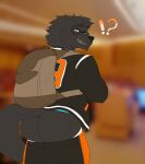 2020 anthro backpack big_butt black_clothing black_jacket black_topwear blurred_background bottomwear bottomwear_down butt canid canine canis chaosdraws clothed clothed_anthro clothed_male clothing digital_drawing_(artwork) digital_media_(artwork) eyebrows eyewear fur glasses grey_body grey_fur hi_res interrobang jacket jockstrap letterman_jacket looking_at_viewer looking_back looking_back_at_viewer male mammal nova_(anonym0use) raised_inner_eyebrows rear_view smile solo tail teeth topwear underwear wearing_glasses wolf