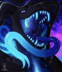 absurd_res anthro black_body black_sclera blue_eyes blue_mouth blue_teeth blue_tongue bodily_fluids curved_horn forked_tongue glistening glistening_mouth glistening_tongue glowing glowing_eyes glowing_teeth glowing_tongue grey_body hi_res horn long_tongue looking_at_viewer male mouth_shot open_mouth reptile saliva saliva_on_tongue saliva_string scales scalie seregore sharp_teeth simple_background snake snake_hood solo teeth teeth_showing throat tongue tongue_out vore