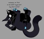2026 abigrock anthro anus backsack balls black_body black_fur black_tail_tip blue_anus blue_eyes blue_pawpads blush chastity_cage chastity_device demon digital_drawing_(artwork) digital_media_(artwork) dipstick_tail duo english_description english_text fur genitals grey_background grey_body grey_fur hi_res humanoid_hands legs_up male male/male markings mascot_(abigrock) metal_chastity_cage pawpads simple_background tail tail_markings talking_to_another talking_to_partner text wearing_chastity_cage wearing_chastity_device